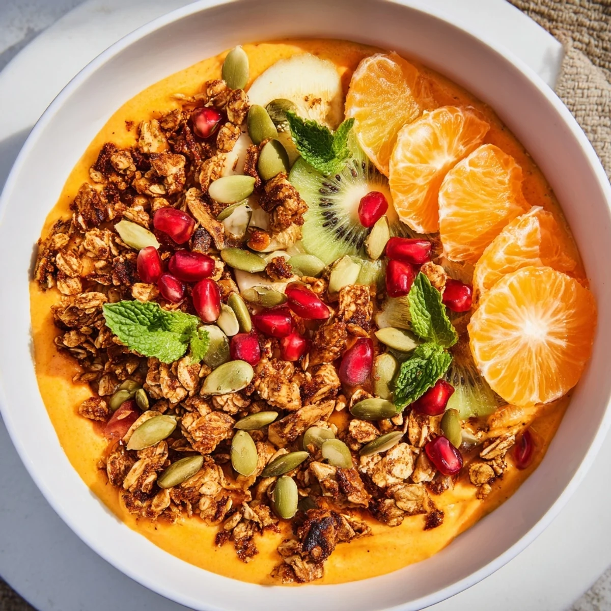 Creamy Spiced Oat Topped Citrus Smoothie Bowl, a nutritious breakfast bursting with fruity flavors and crunchy oats.
