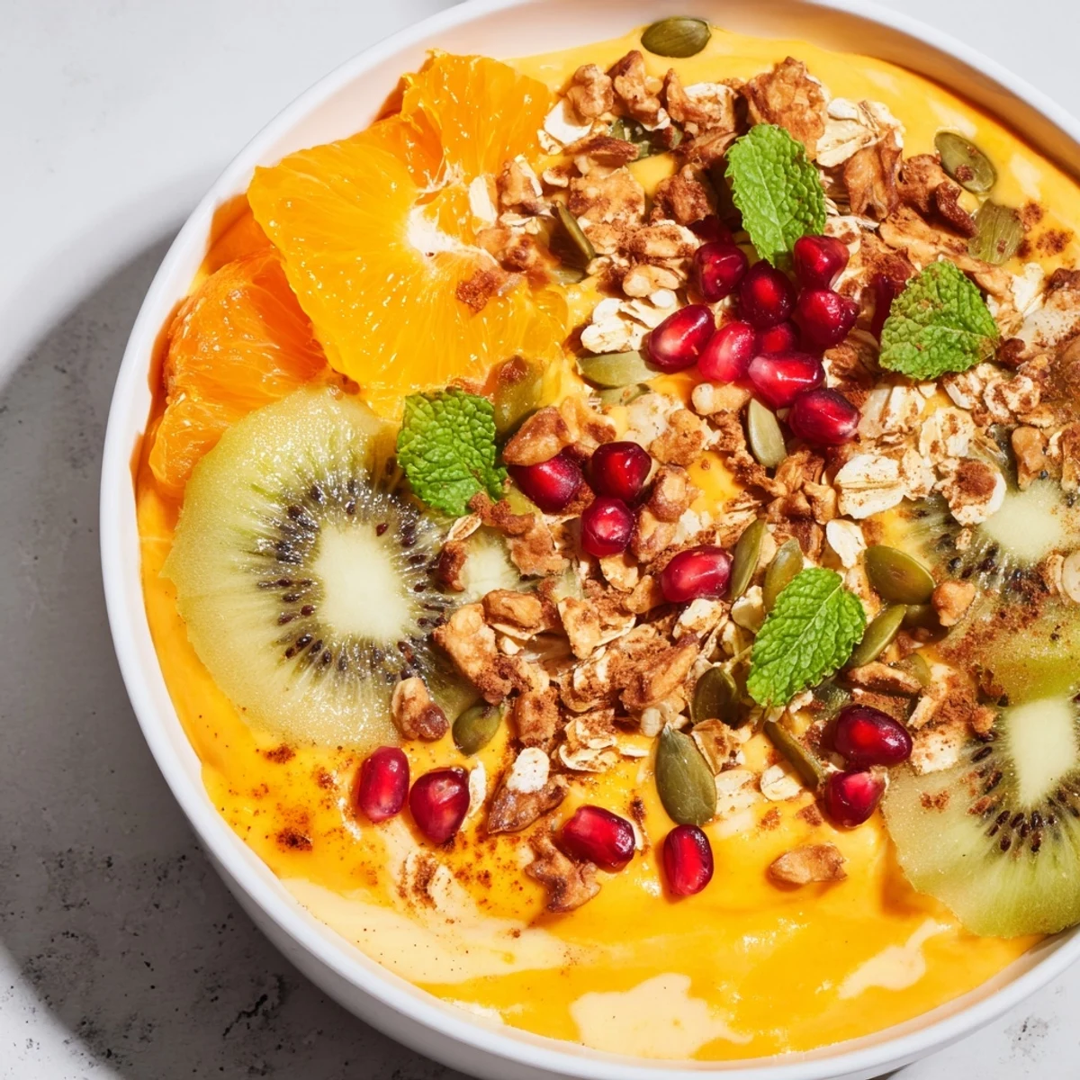 Beautifully arranged Spiced Oat Topped Citrus Smoothie Bowl featuring vibrant kiwi slices and pomegranate jewels, ready to enjoy.