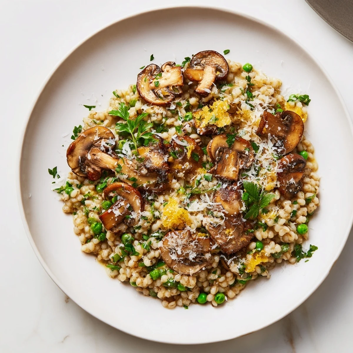 Close-up of hearth-baked barley and mushroom risotto, a rustic Italian dish perfect for a cozy dinner.