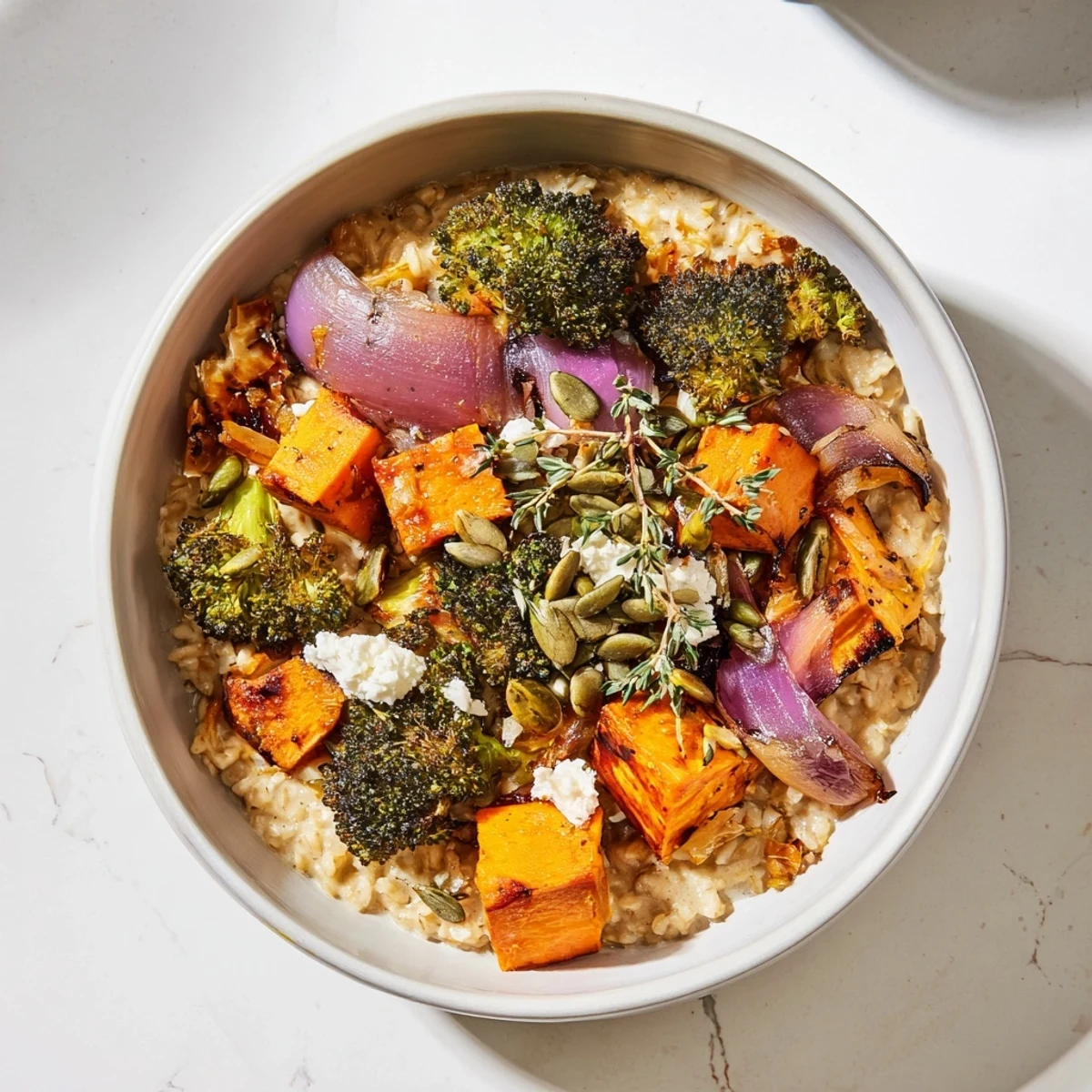 Golden Spiced Thyme Roasted Savory Oat Bowl, brimming with roasted vegetables and savory flavors.