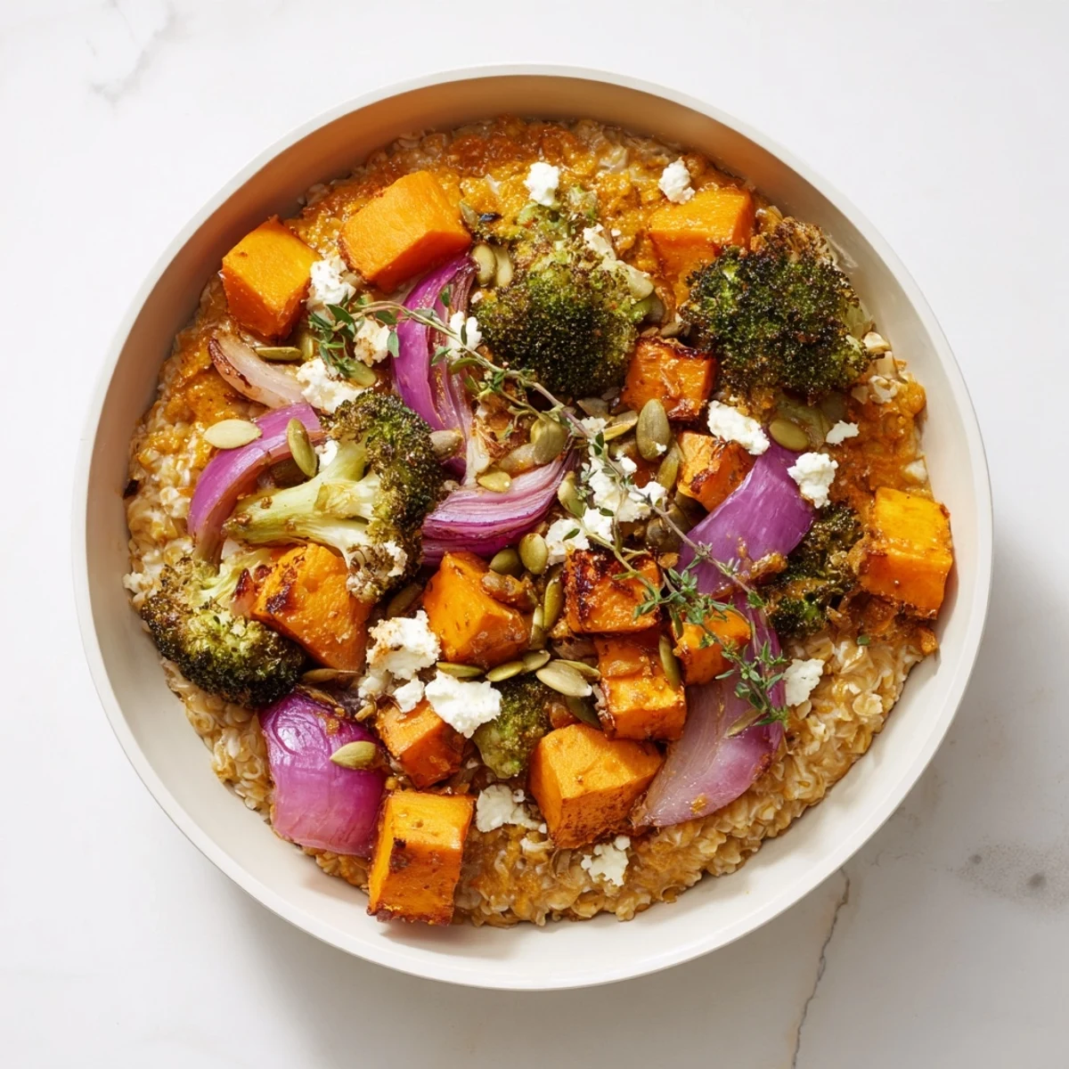 A hearty Spiced Thyme Roasted Savory Oat Bowl showcases a colorful mix of roasted veggies and creamy oats.