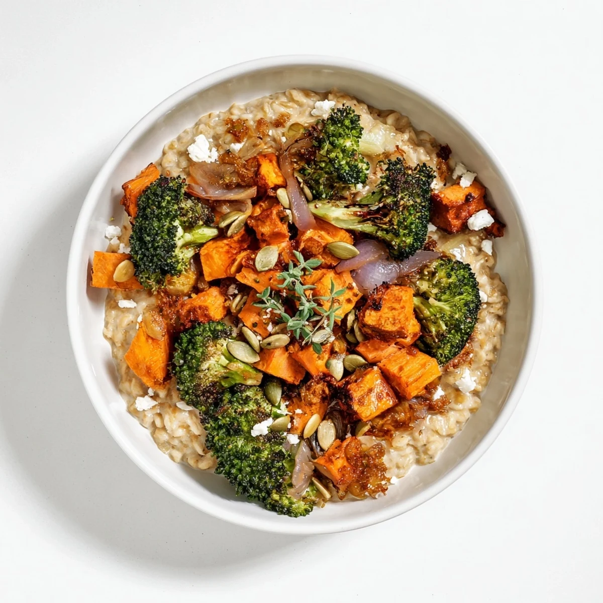 Steaming Spiced Thyme Roasted Savory Oat Bowl, a vegetarian delight generously topped with cheese and seeds.