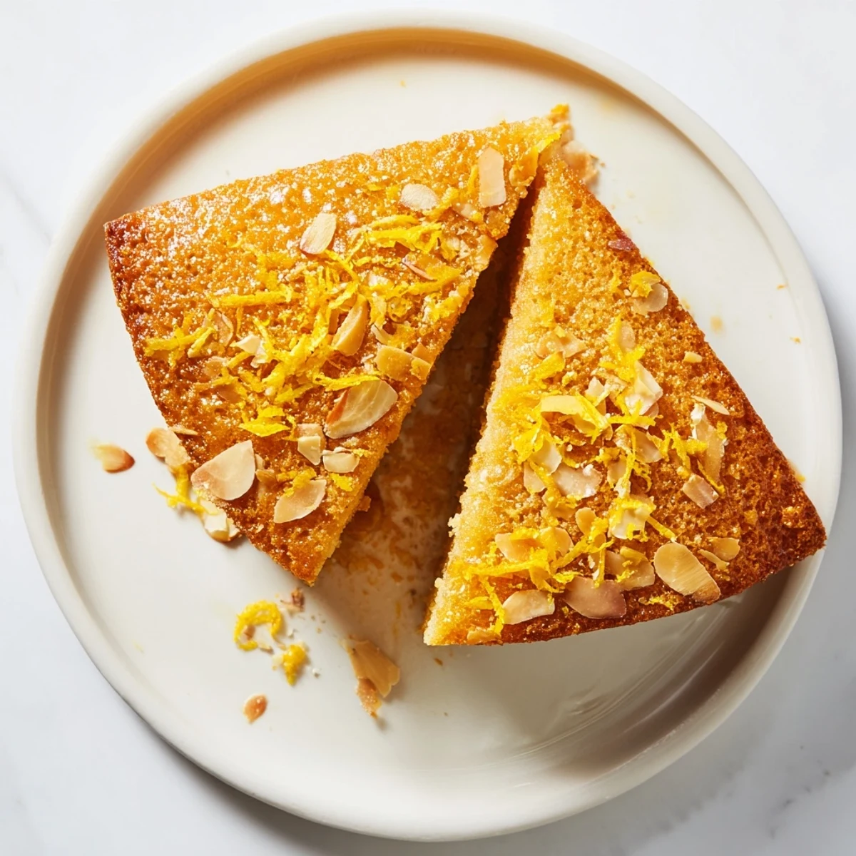 Golden, glazed Orange and Almond Seasonal Cake dusted with powdered sugar, ready to serve.