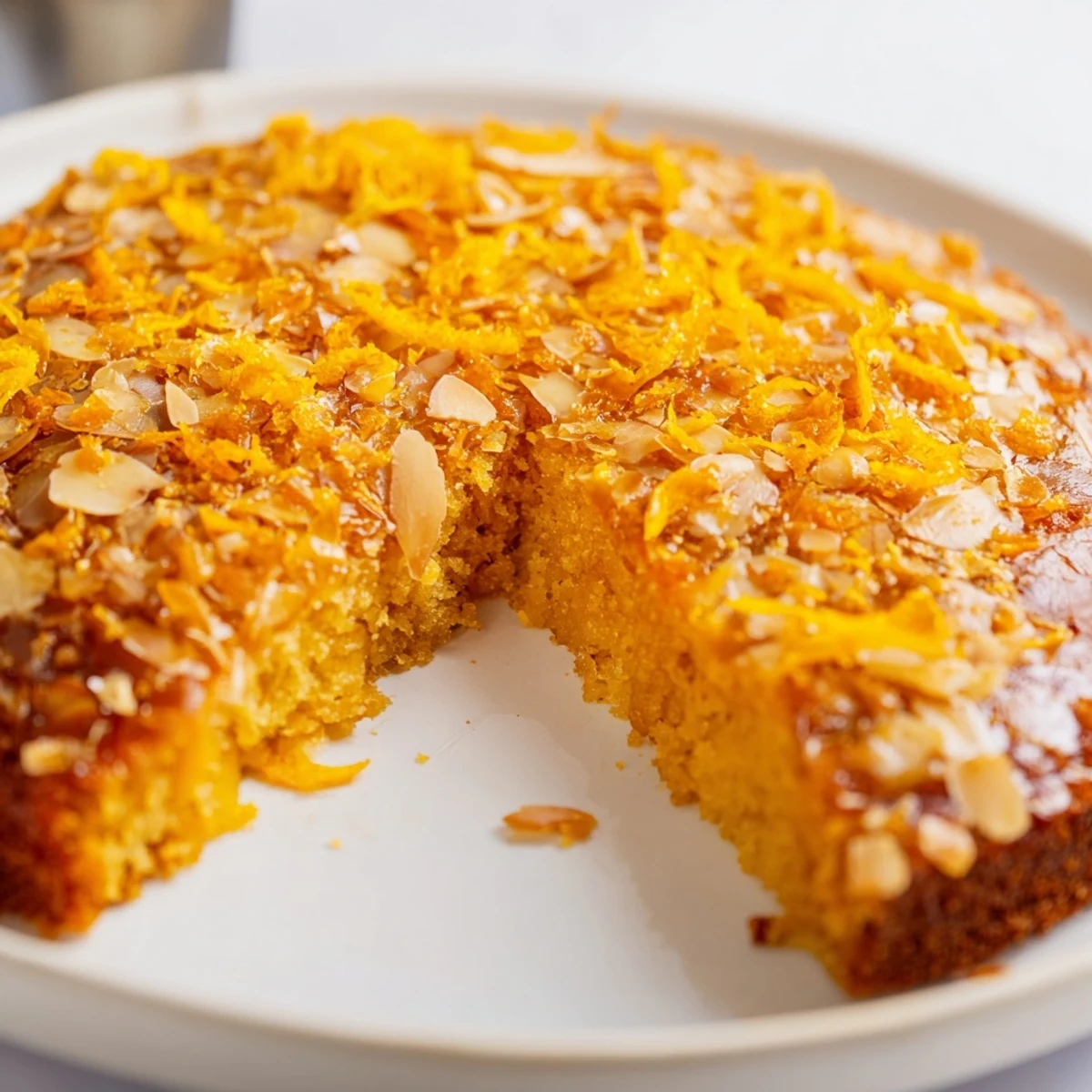 A warm slice of Orange and Almond Seasonal Cake, brimming with almond flakes and orange zest.