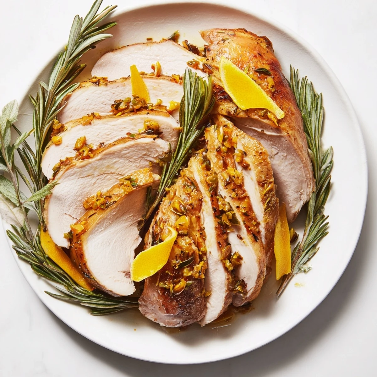 A close-up shot of the flavorful Rosemary Lemon Turmeric Turkey, garnished with lemon slices and rosemary sprigs.