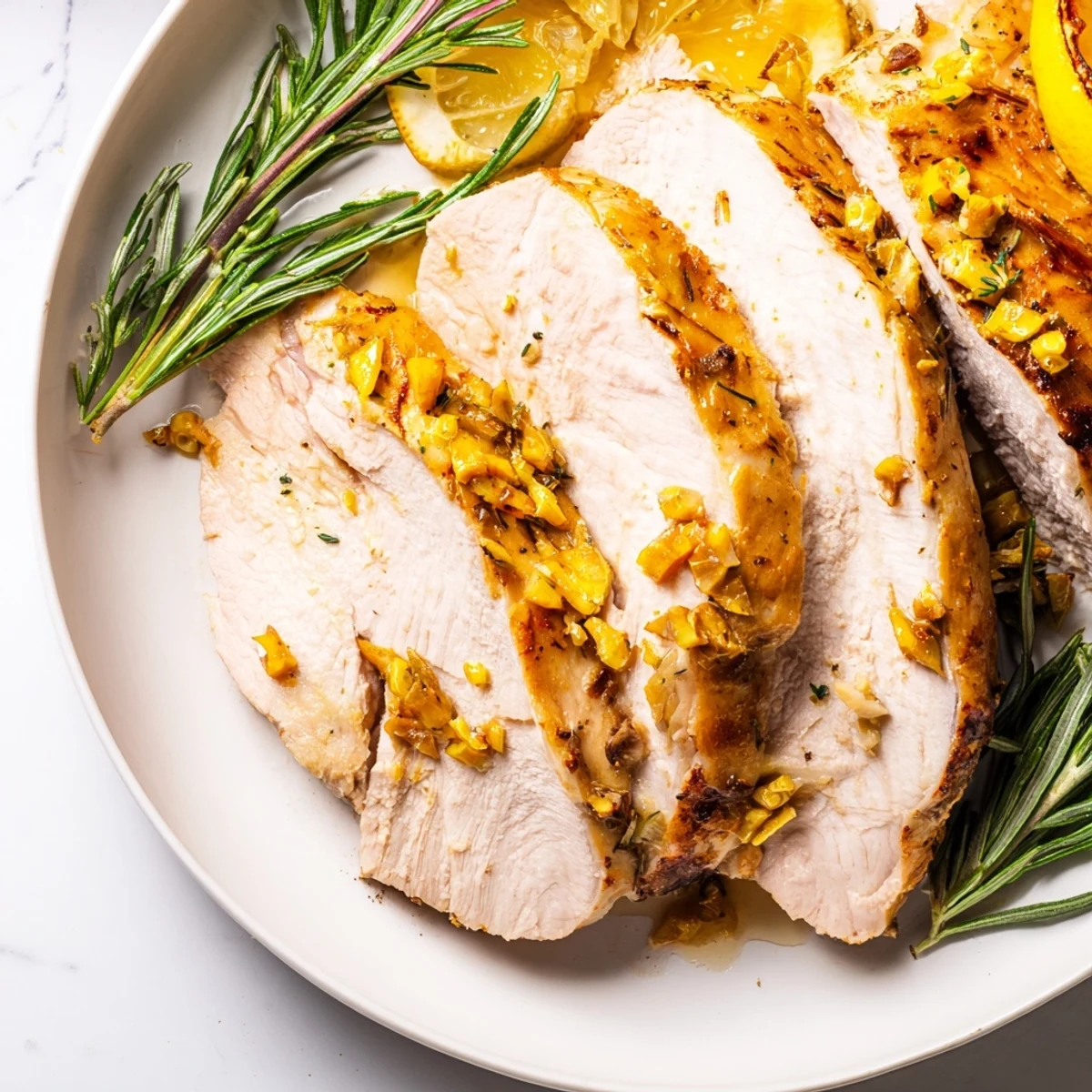 Golden-brown Rosemary Lemon Turmeric Turkey, juicy and tender, ready to be served for a special dinner.