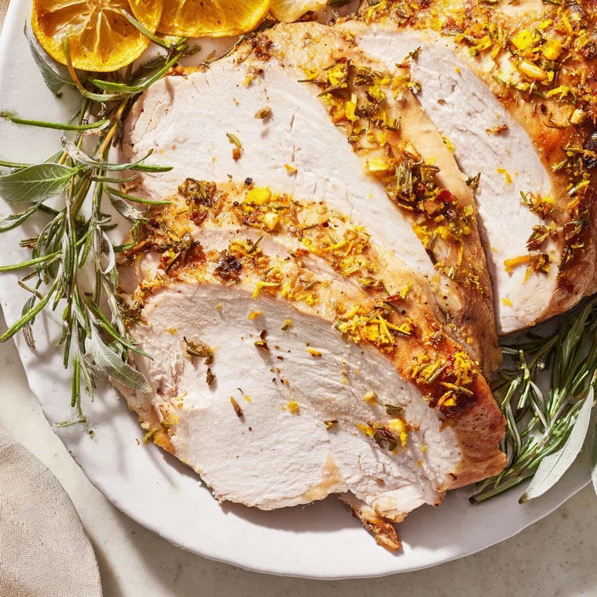 Sizzling Rosemary Lemon Turmeric Turkey, a beautifully roasted dish with bright citrus notes, perfect for gatherings.