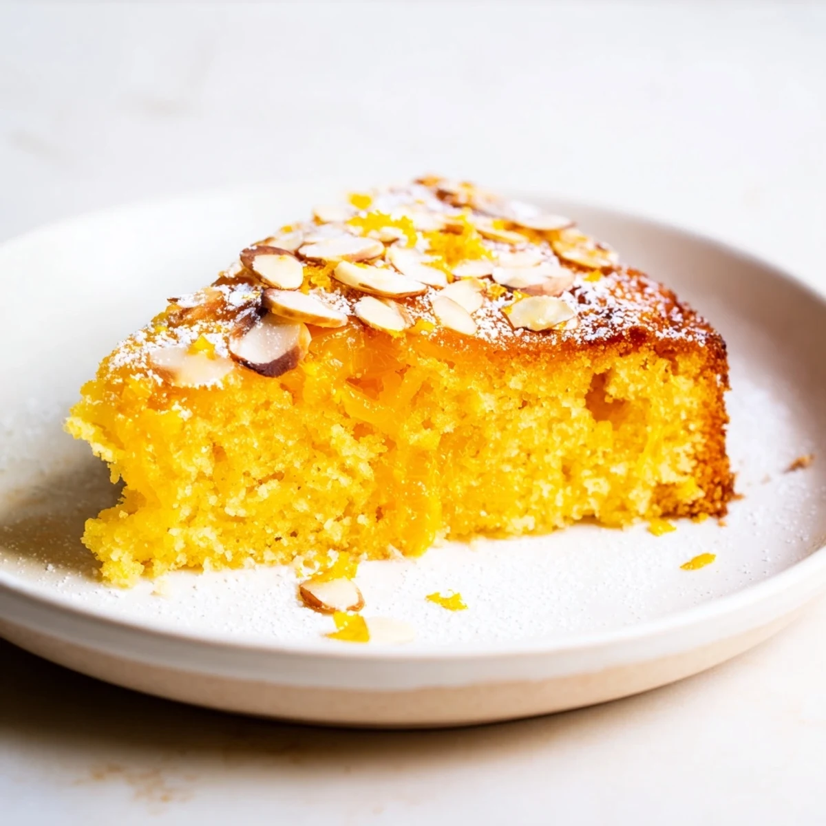 Moist Orange Citrus Bright and Almond Cake, golden brown with almond-topped crust, ready to serve.