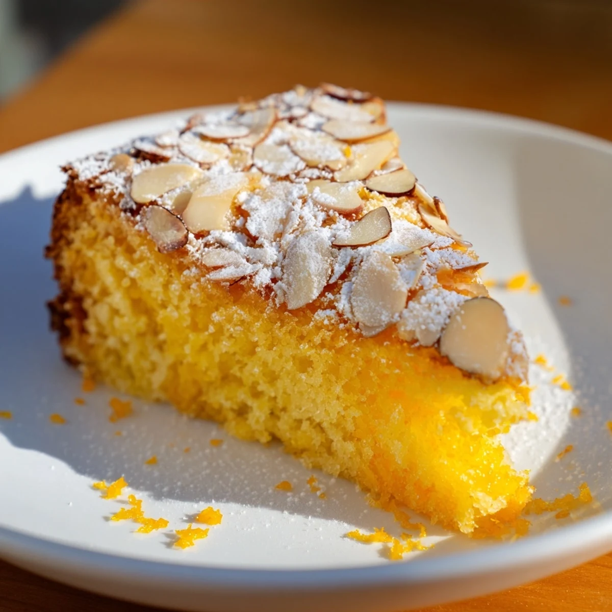 A slice of fresh Orange Citrus Bright and Almond Cake, showing a tender crumb, dusted with powdered sugar.