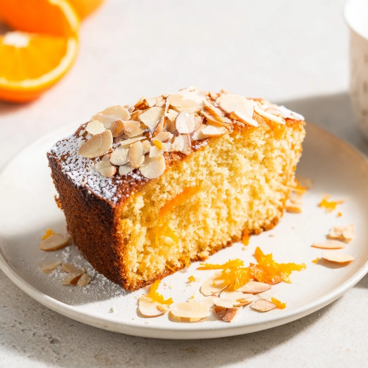 Enjoy the bright citrus scent of this delicious Orange Citrus Bright and Almond Cake, perfect for dessert.