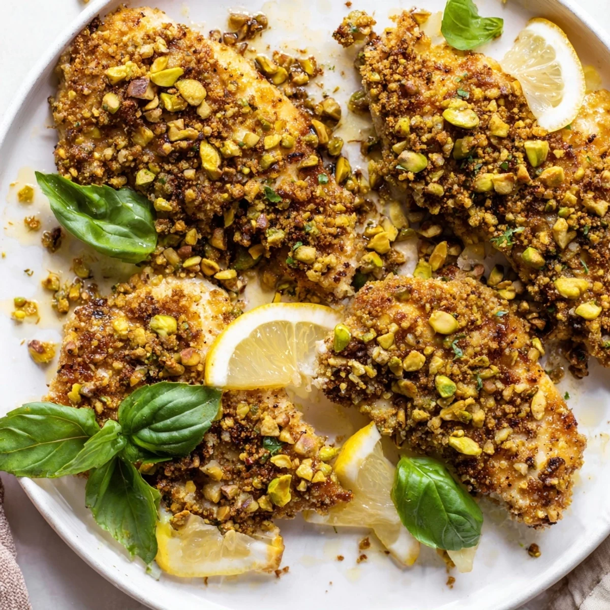 Golden baked Vanilla-Scented Lemon Basil Chicken, topped with a flavorful, crunchy nutty crust.