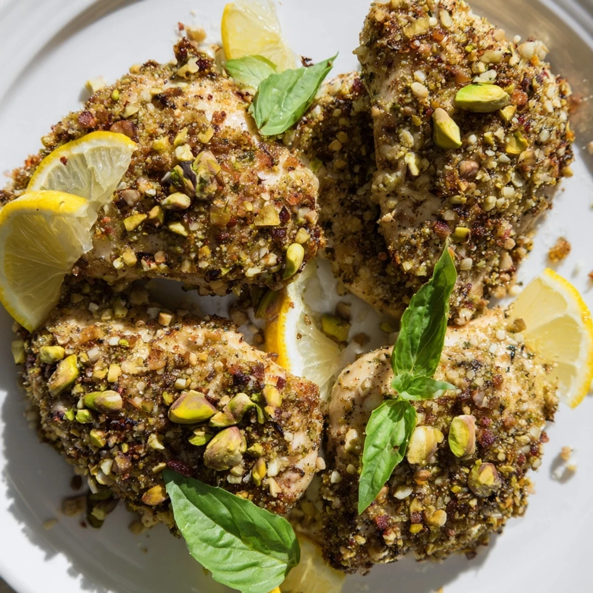 Juicy Vanilla-Scented Lemon Basil Chicken, perfectly cooked, displaying a layer of golden nut crumble.