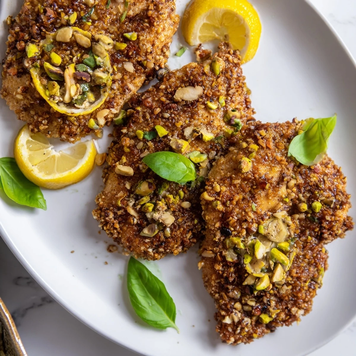 Close-up of a plated Vanilla-Scented Lemon Basil Chicken, garnished with fresh basil and lemon slices.