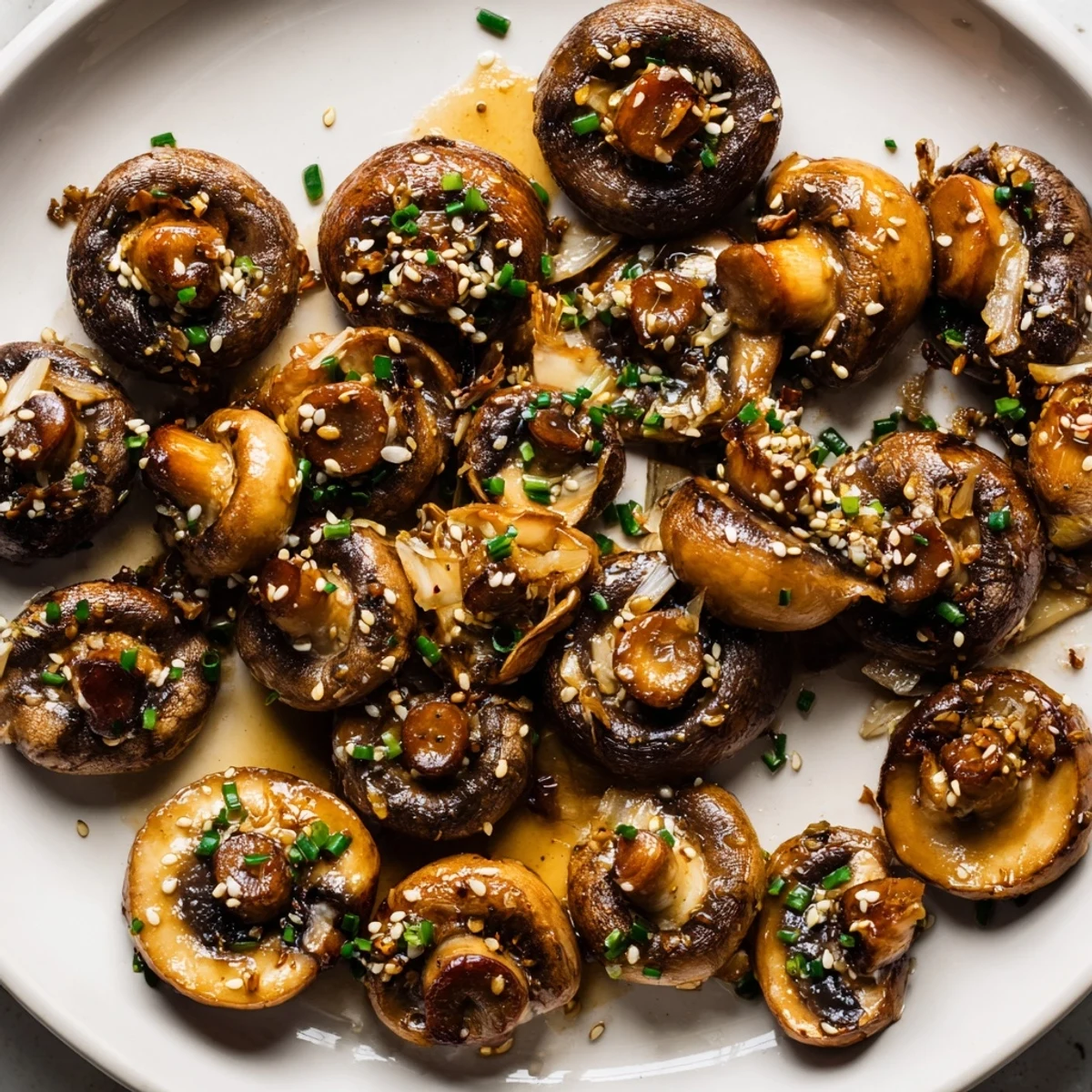 Perfectly caramelized Miso Cozy Brown Butter Roasted Mushrooms, prepared in a cozy kitchen with fresh herbs.