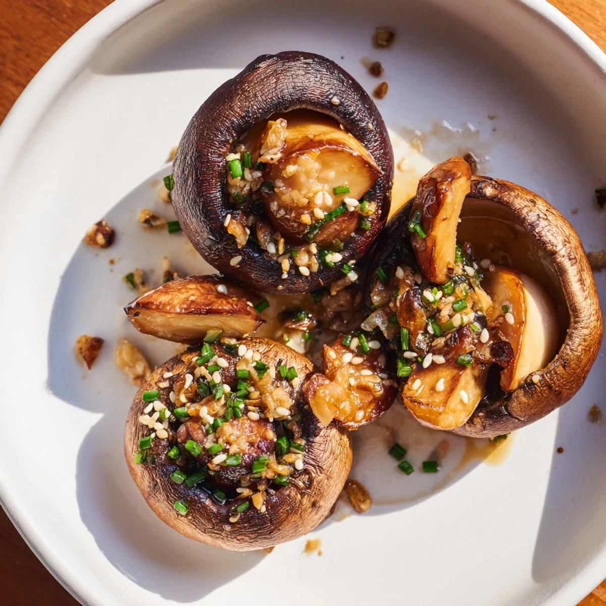 Vibrant plate of Miso Cozy Brown Butter Roasted Mushrooms; a delicious vegetarian side dish option.