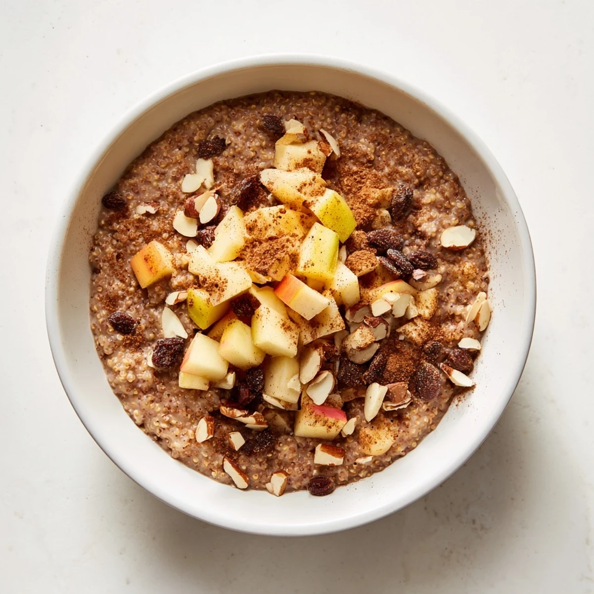 Steaming bowl of Spiced Amaranth Porridge with diced apples and nuts, perfect breakfast.