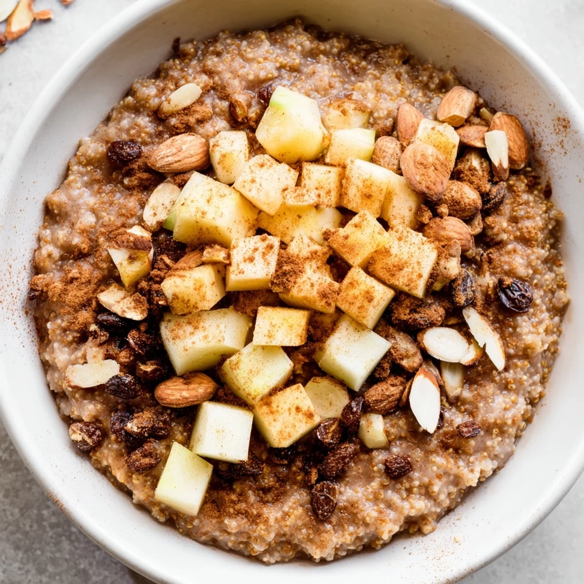 Close-up of hearty Spiced Amaranth Porridge, topped with fruit and nuts for a delicious meal.