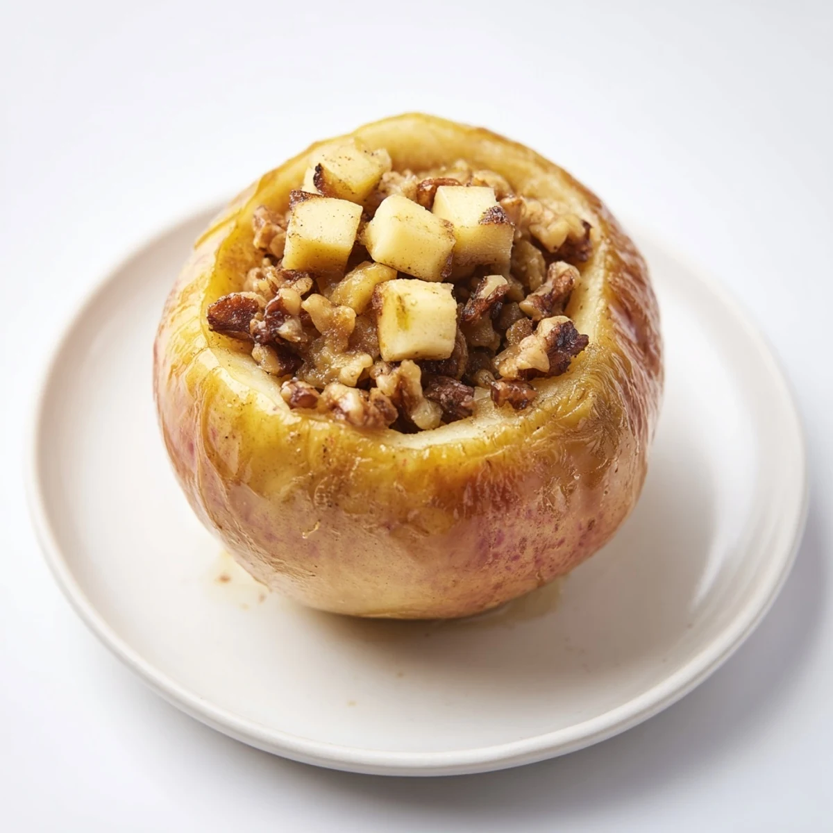 Golden Maple Kissed Cardamom Baked Apples glistening, served warm with vanilla ice cream, a comforting dessert.