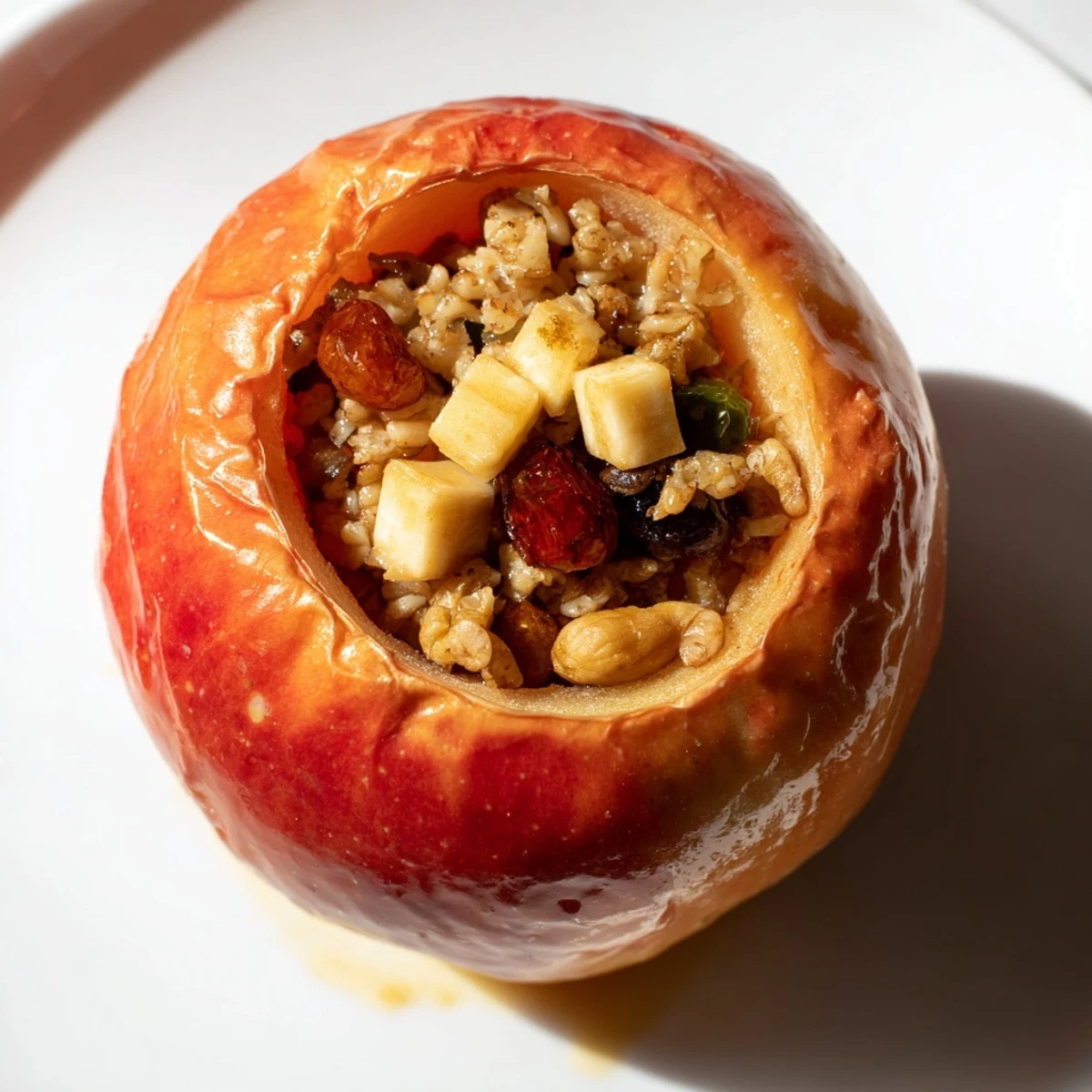 Close-up of baked Maple Kissed Cardamom Apples, showcasing a sweet, spiced filling spilling over.