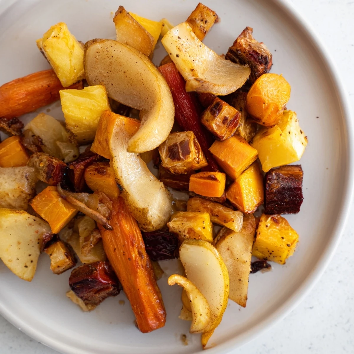 Golden roasted Pear and Spice Vanilla Scented Roasted Root Vegetable Medley, a sweet and savory side, ready to serve warm.