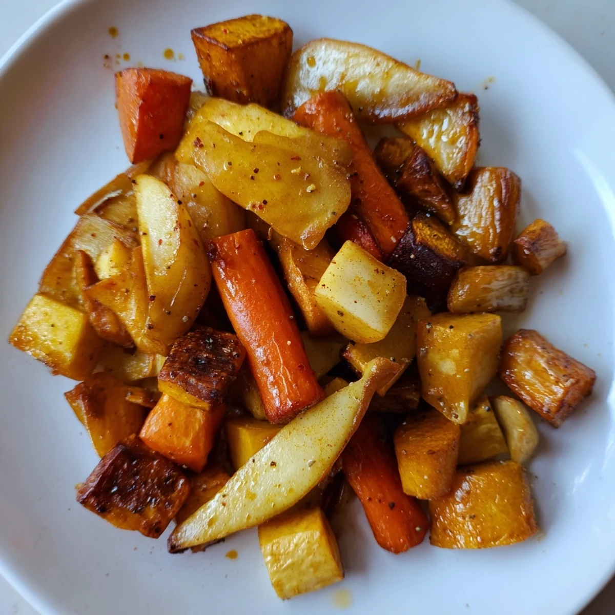 Beautifully caramelized Pear and Spice Vanilla Scented Roasted Root Vegetable Medley, with a hint of vanilla bean and warmth from the spices.