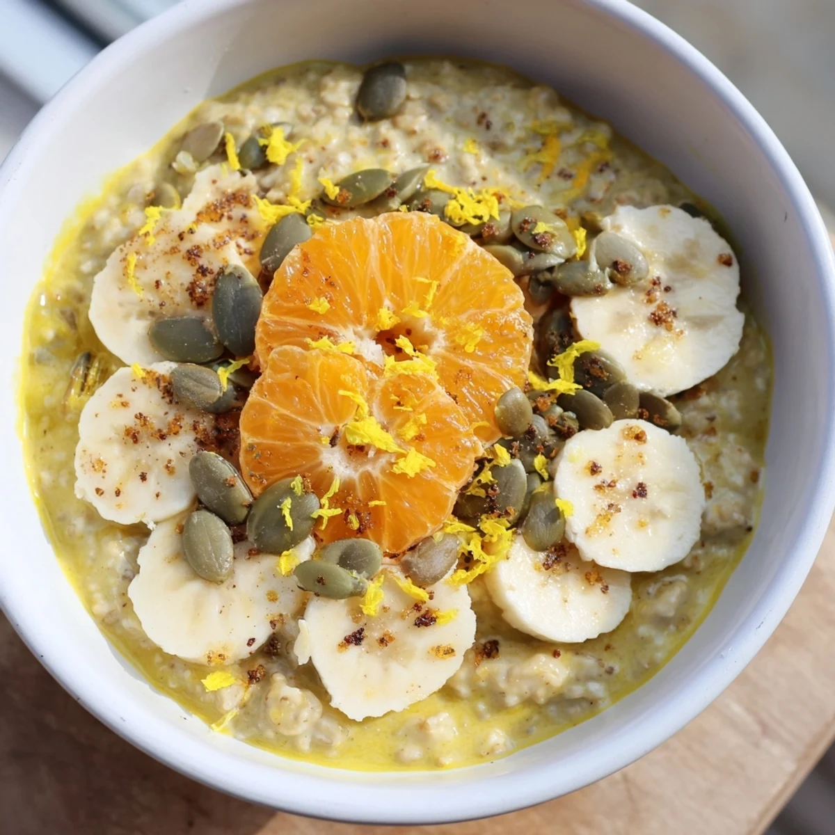 Steaming bowl of Banana & Fresh Citrus Turmeric Warm Porridge, topped with bright orange segments.