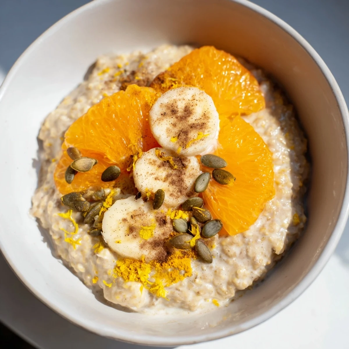 Creamy, golden Banana & Fresh Citrus Turmeric Warm Porridge: a comforting breakfast with fresh fruit.