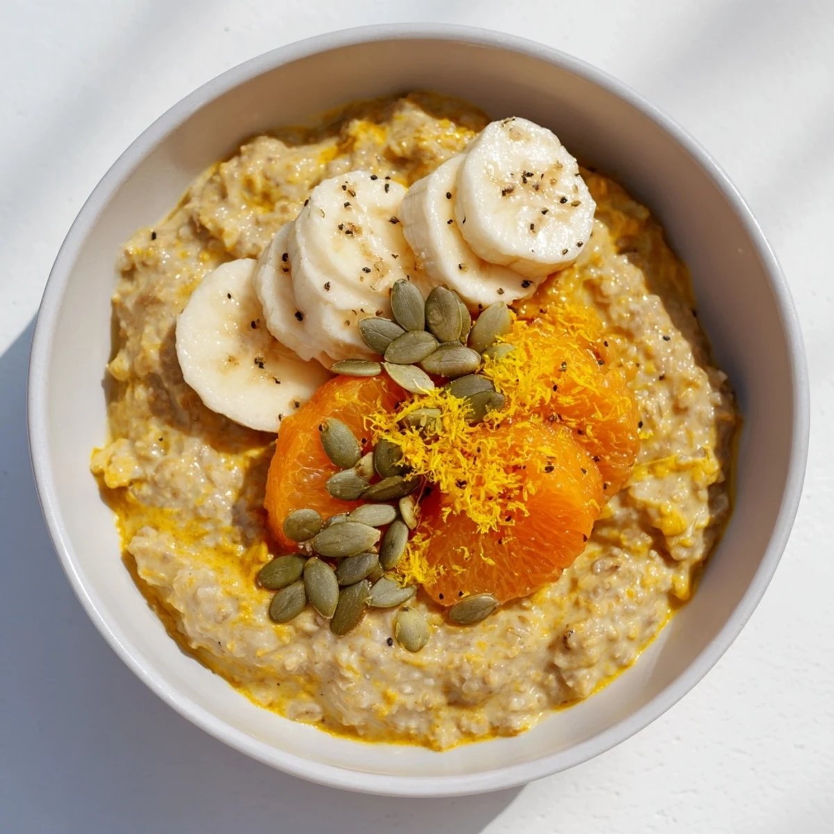 Enjoy a spoonful of flavorful Banana & Fresh Citrus Turmeric Warm Porridge, perfect for a cozy morning.