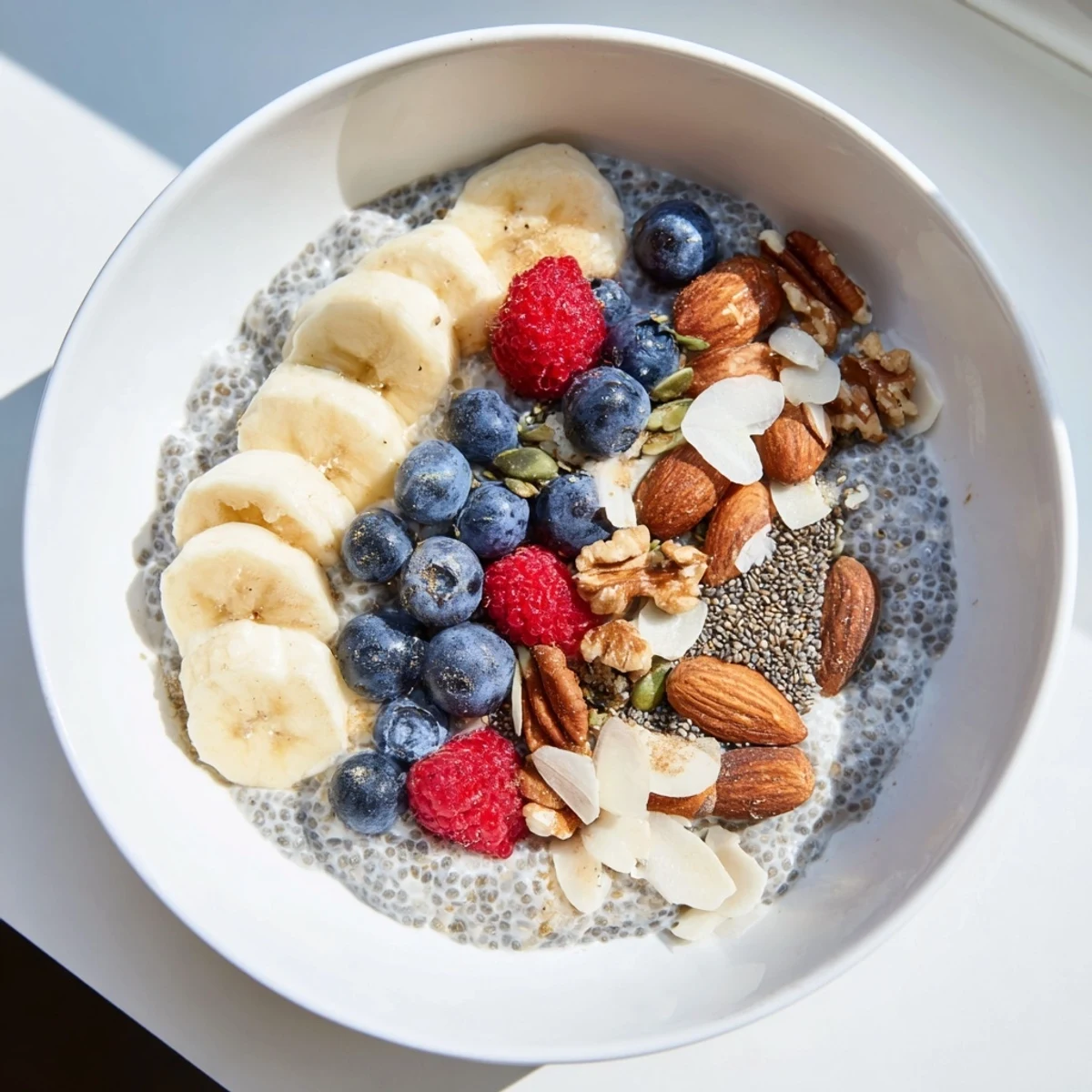 Creamy coconut chia pudding topped with fresh berries, a healthy breakfast or snack.