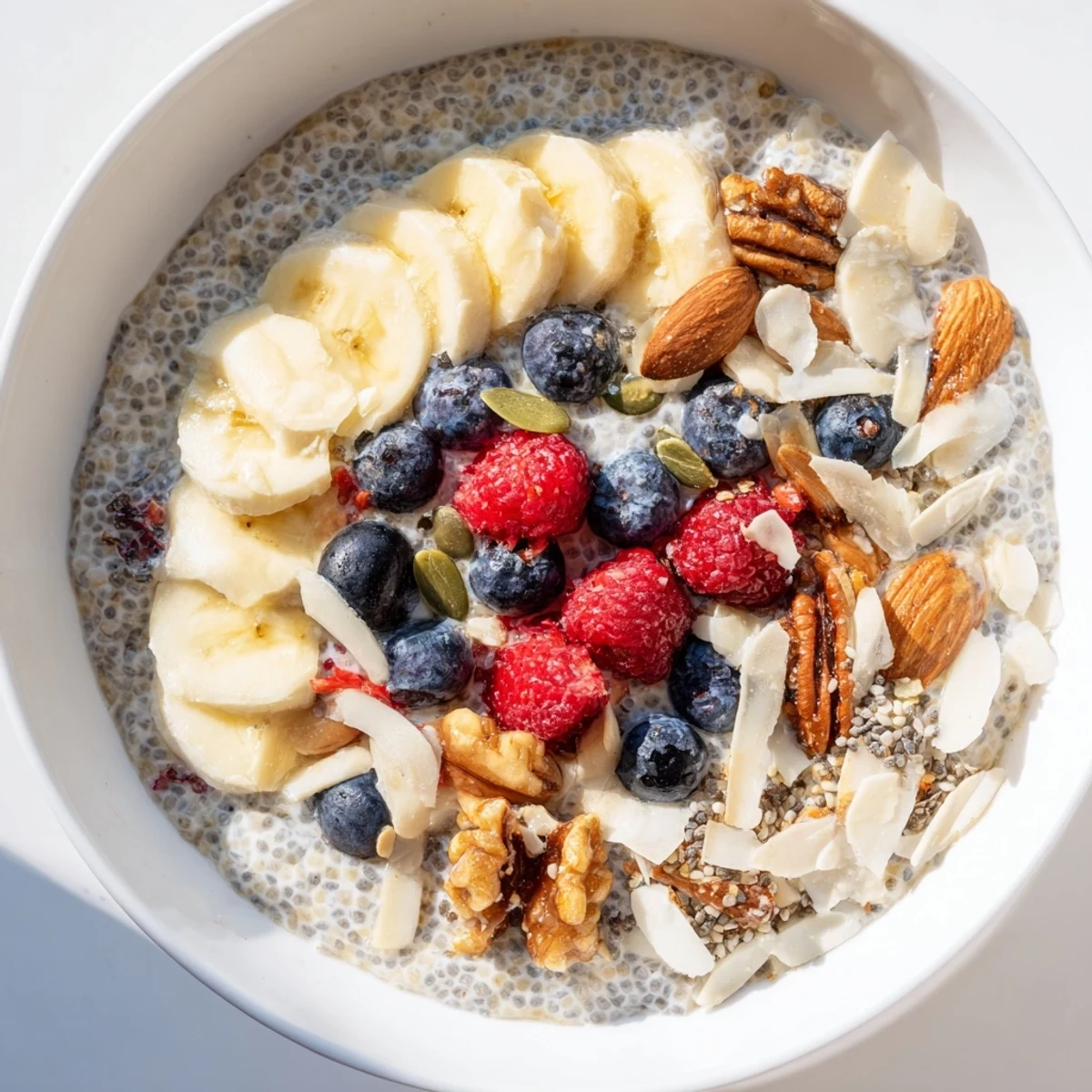 Beautifully prepared coconut chia pudding, with vibrant fruit and crunchy nut garnishes, ready to eat.
