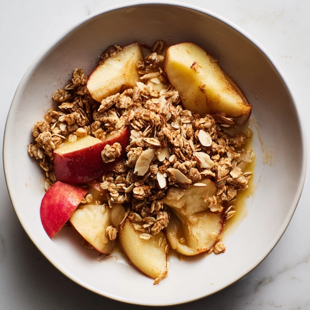 Warm Maple Comforting Almond Crisp, bubbling fruit and crunchy topping, ready to serve warm.