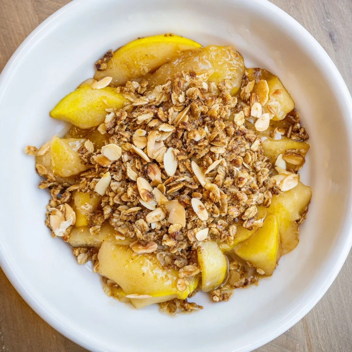 Golden-brown Maple Comforting Almond Crisp, the perfect autumn dessert with spiced apples and pears.