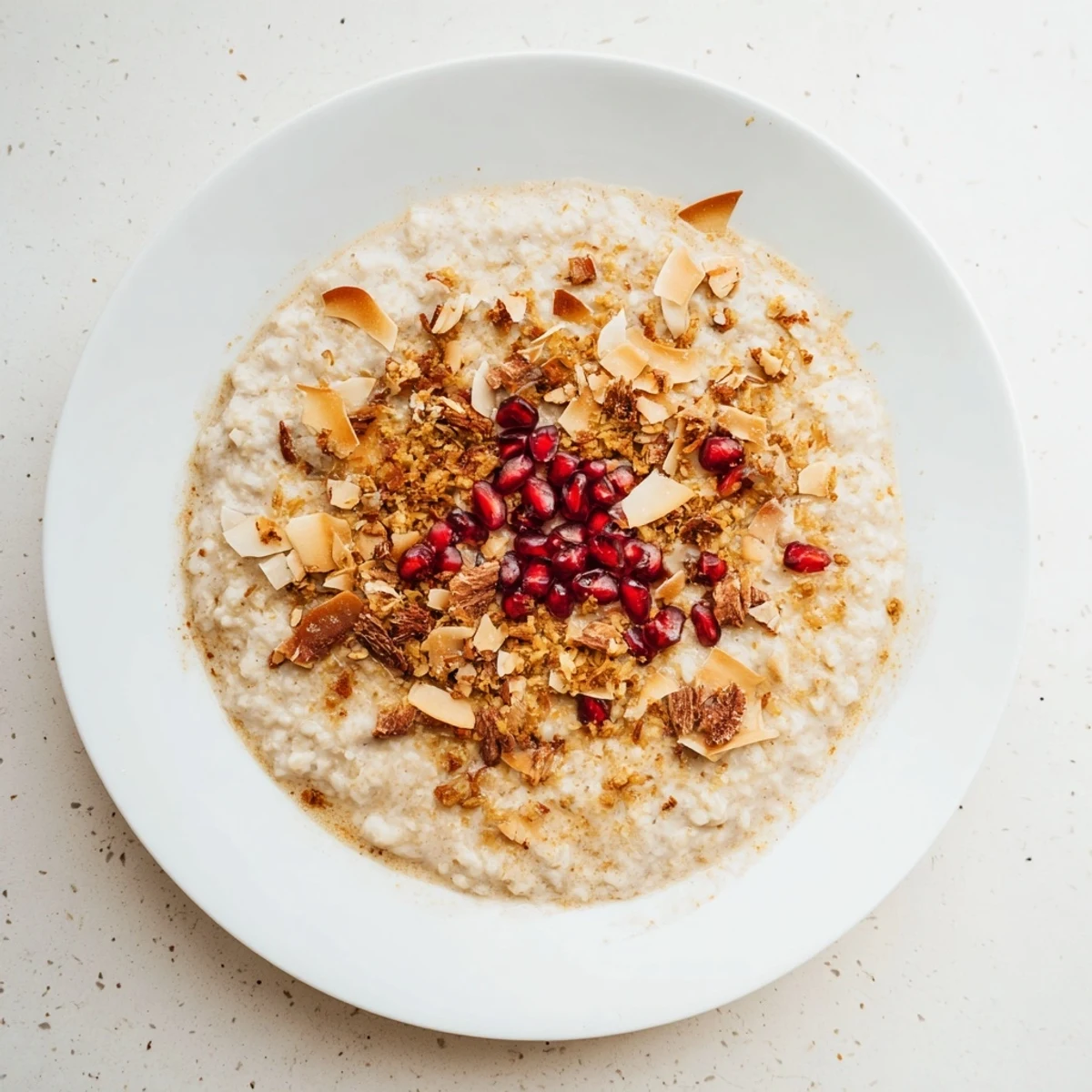 Warm Winter Slow Roasted Coconut Milk Porridge topped with toasted nuts and vibrant pomegranate seeds.