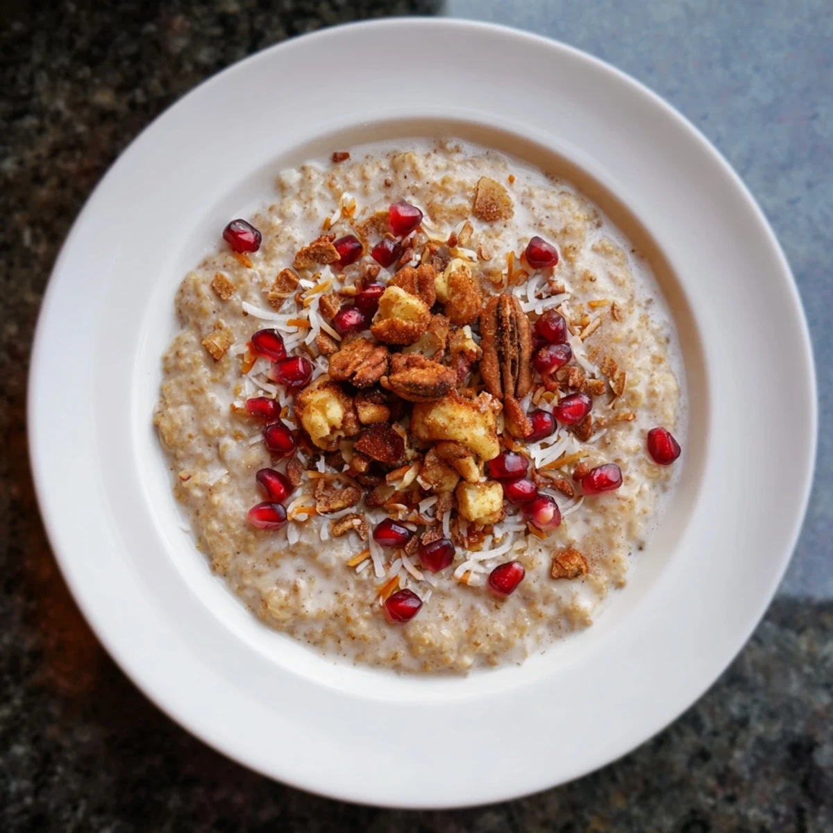 Homemade Winter Slow Roasted Coconut Milk Porridge, a creamy, spiced breakfast ready to serve with maple syrup.