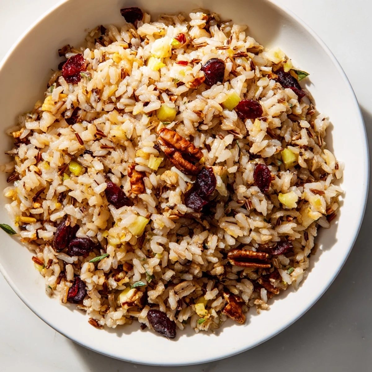 A steaming bowl of wild slow roasted rice and cranberry medley, garnished and ready to serve.