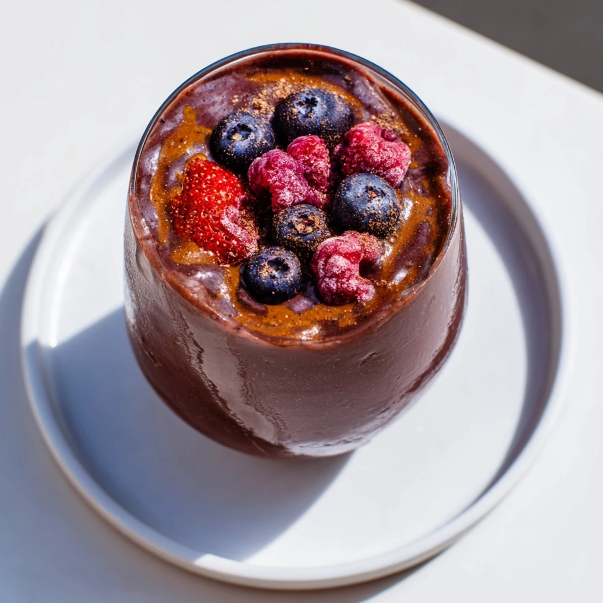 Beet Molasses Caramelized Brown Butter and Berry Smoothie, a rich, purple, creamy drink in a tall glass.