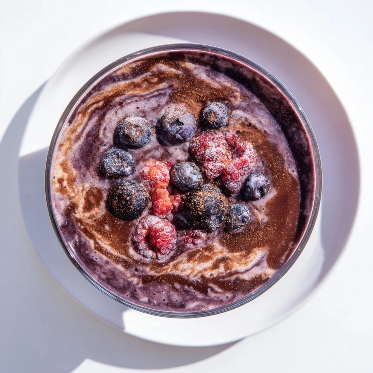 Swirling, vibrant Beet Molasses Caramelized Brown Butter and Berry Smoothie, thick and blended with berries.