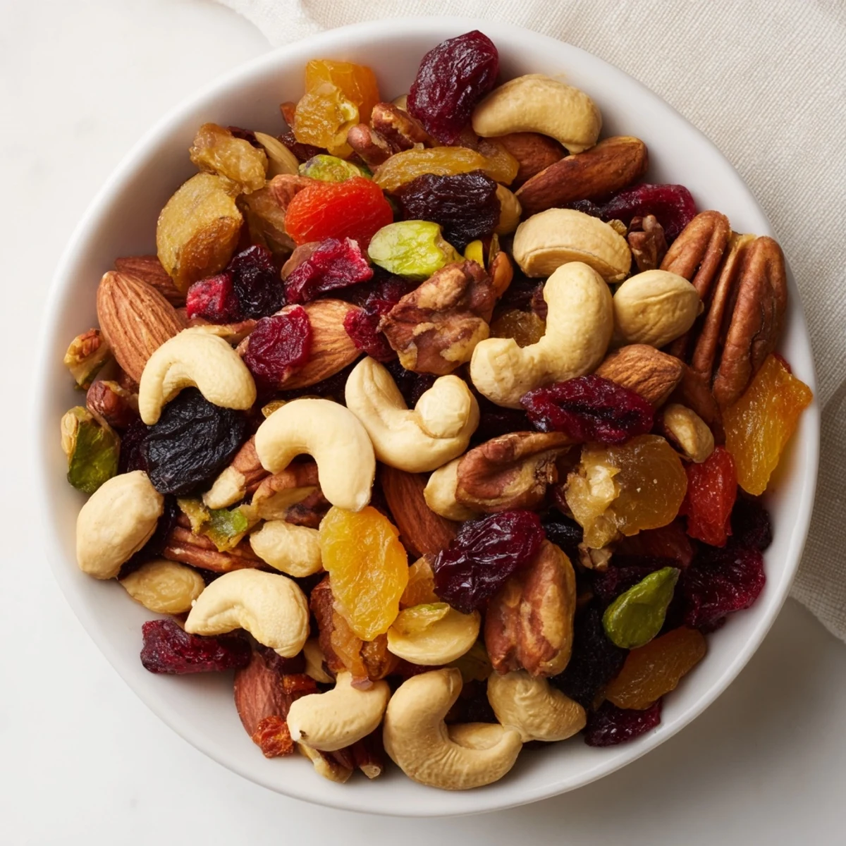 Pile of colorful assorted nuts and dried fruits, perfect for easy party snacking.