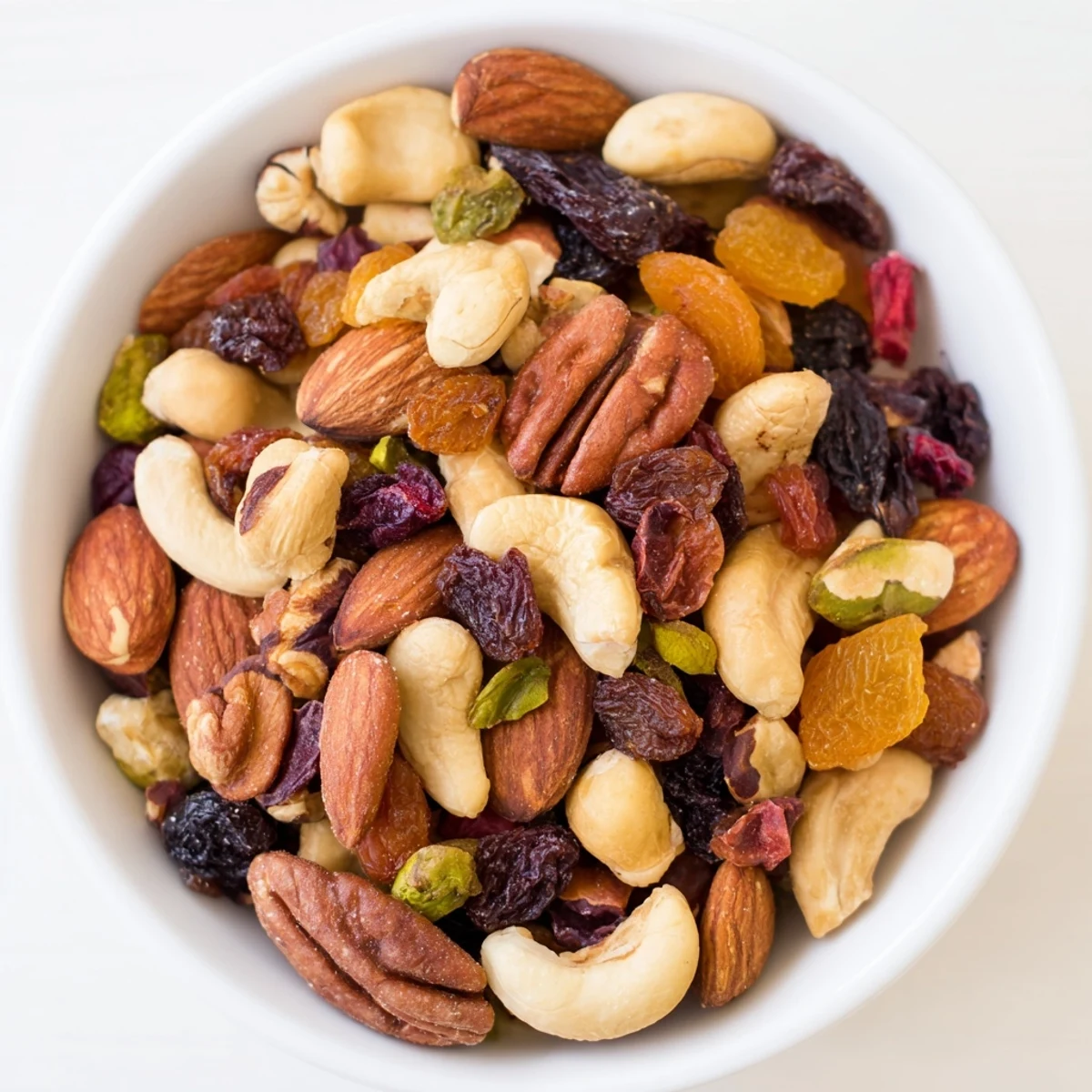 Close-up of a heaping bowl of assorted nuts and dried fruit, ready to serve at your party.