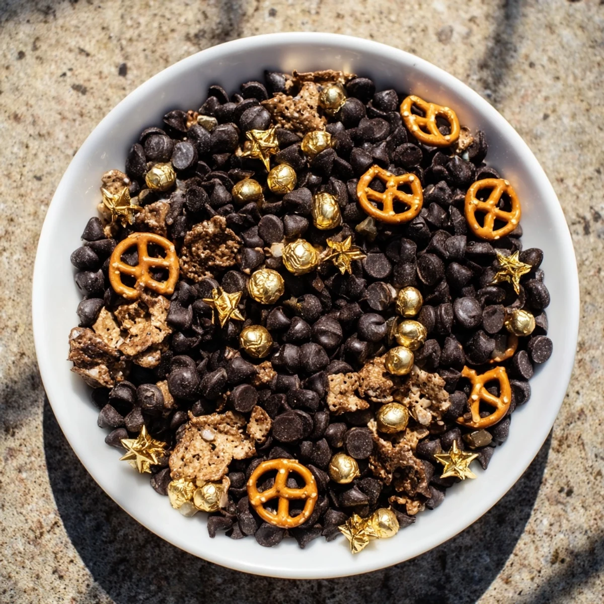 Savory pretzels and sweet caramel popcorn plus shimmering gold make a festive Midnight Snack Mix.