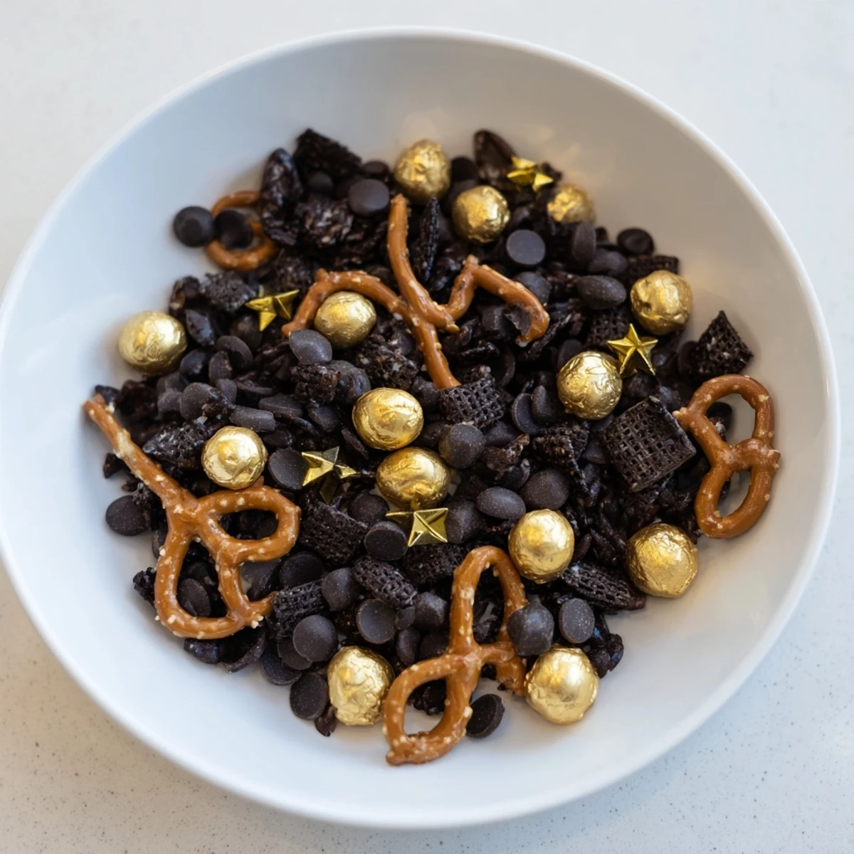 Crunchy black cocoa cereal and gold sprinkles combine in a delicious Midnight Snack Mix recipe.