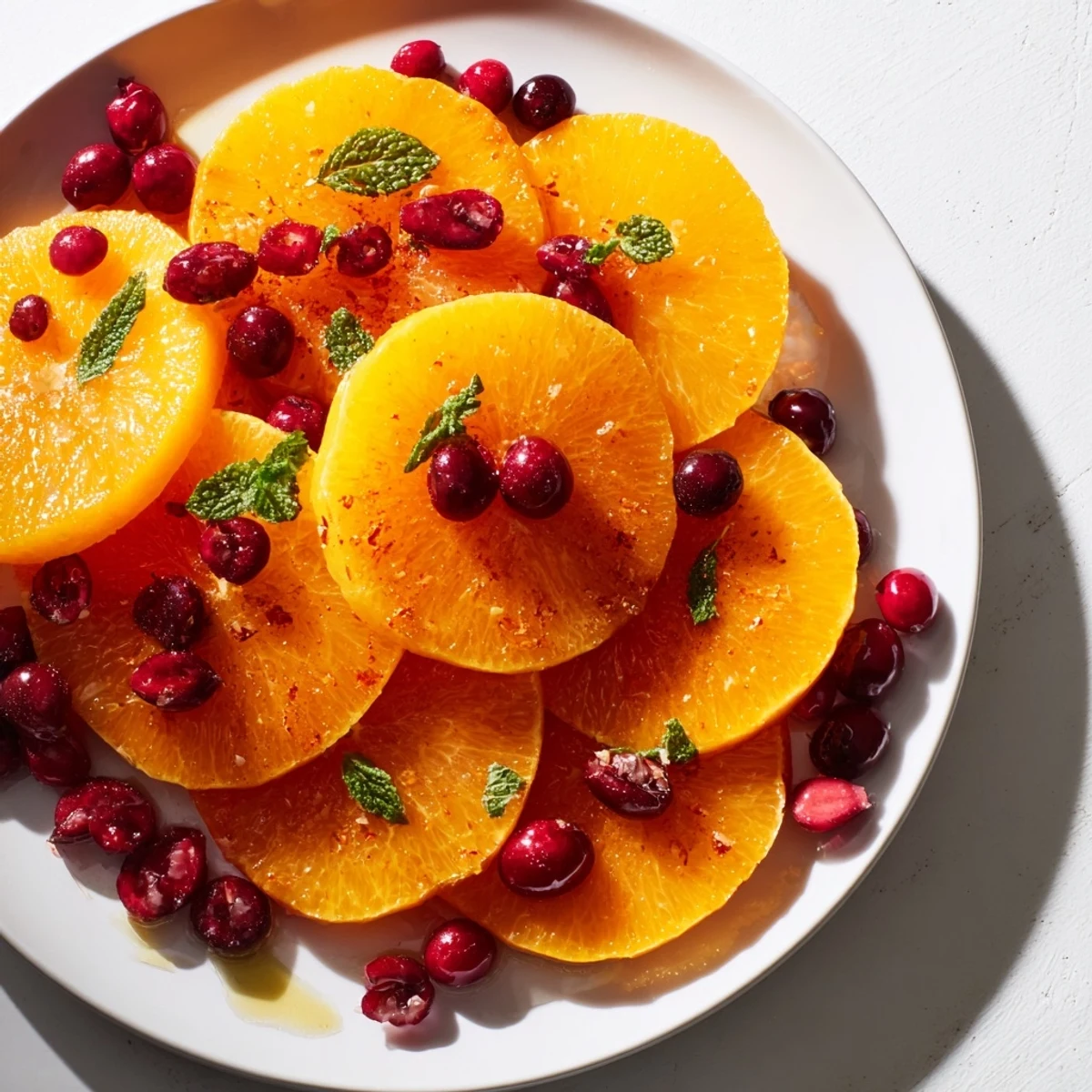 Vibrant winter fruit salad with orange slices and cranberries, a refreshing side for any holiday table.