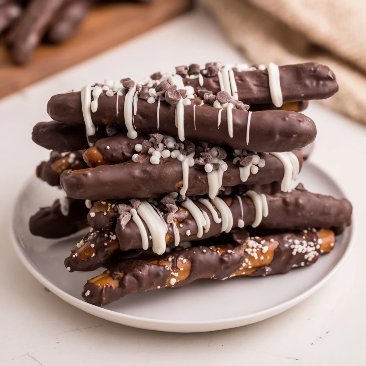 White chocolate drizzled artfully over Chocolate Covered Pretzel Stick Stacks, ideal for holiday parties or treats.