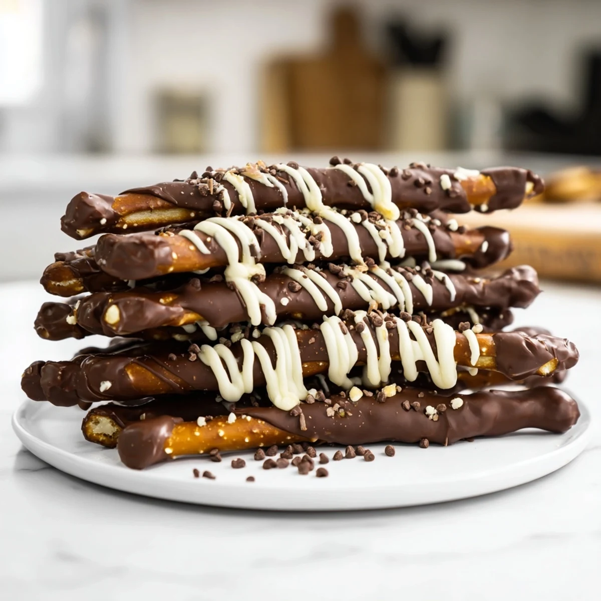 Melted chocolate enrobes crunchy salted pretzel sticks, creating pretty Chocolate Covered Pretzel Stick Stack desserts.
