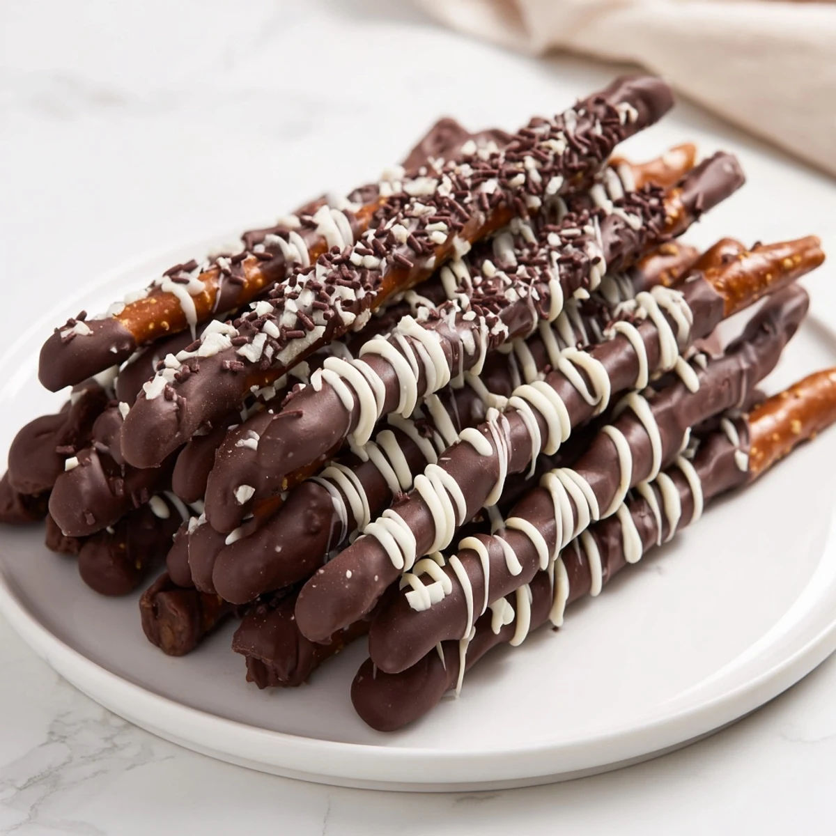 A close-up of a delightful Chocolate Covered Pretzel Stick Stack, boasting layers of chocolate and crunchy pretzel texture.