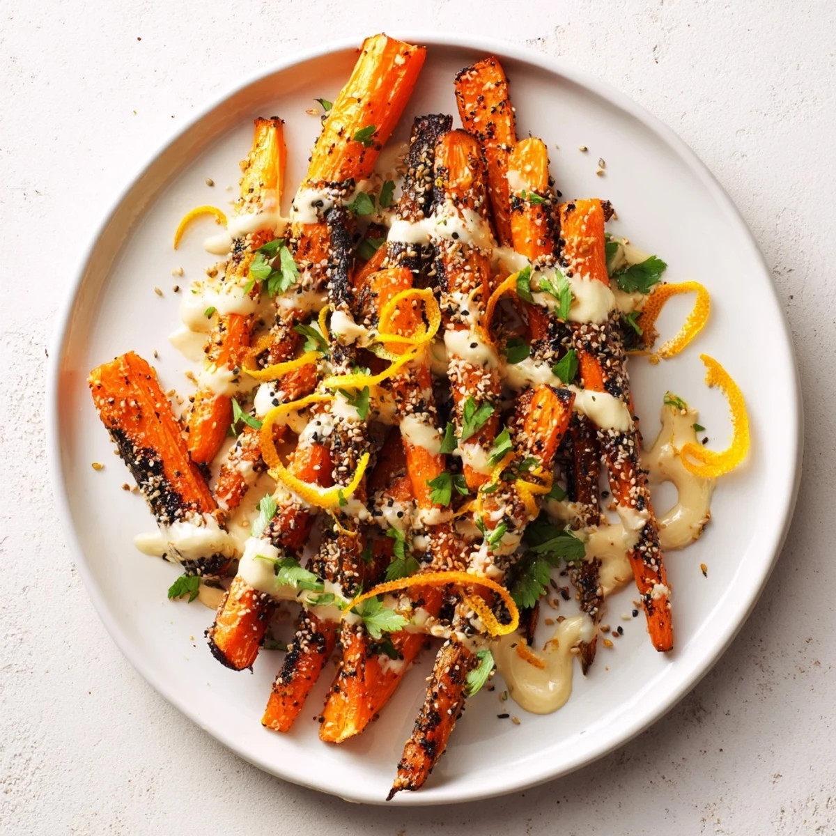 Golden Lemon Fresh Citrus Tahini Roasted Carrots, tender and glistening, ready for serving.