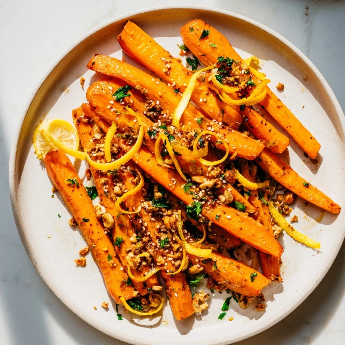 Vibrant Lemon Fresh Citrus Tahini Roasted Carrots, perfectly caramelized and tossed with herbs.