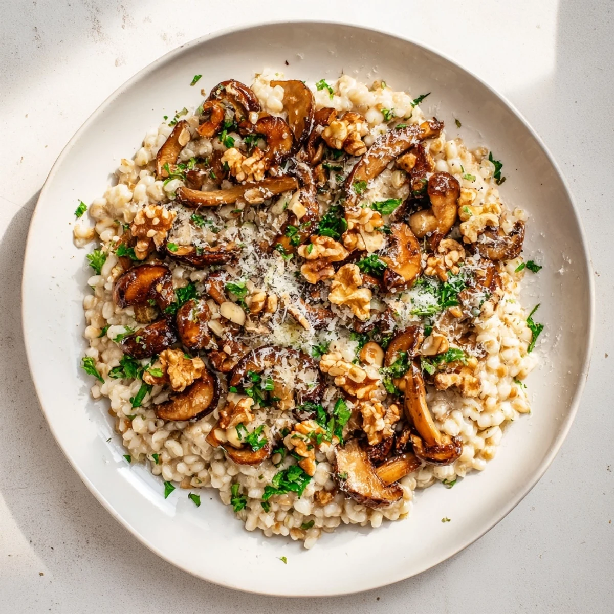 Golden-brown barley and mushroom risotto, a creamy vegetarian delight, ready to serve with Parmesan.
