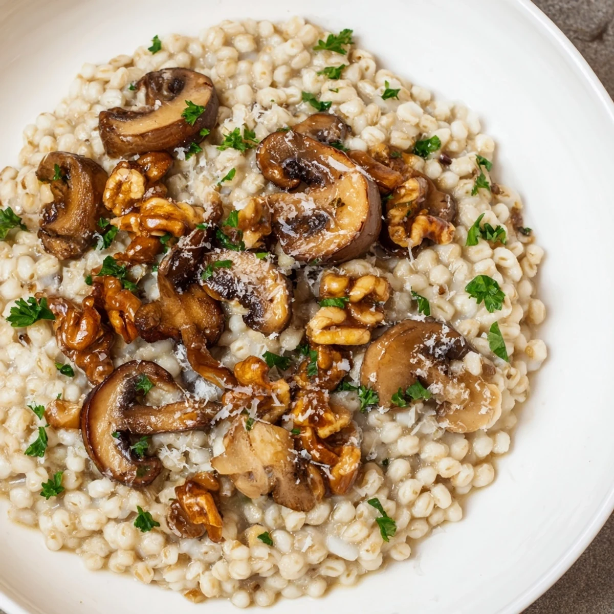 Earthy aroma of mushroom barley risotto, topped with fresh parsley and crunchy, toasted walnuts.