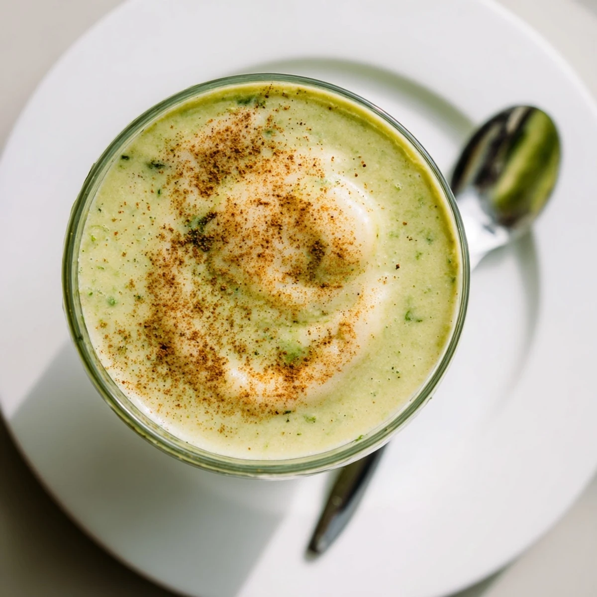 A close-up of a creamy Pear, Spice & Spinach Smoothie, garnished with fresh spinach leaves.